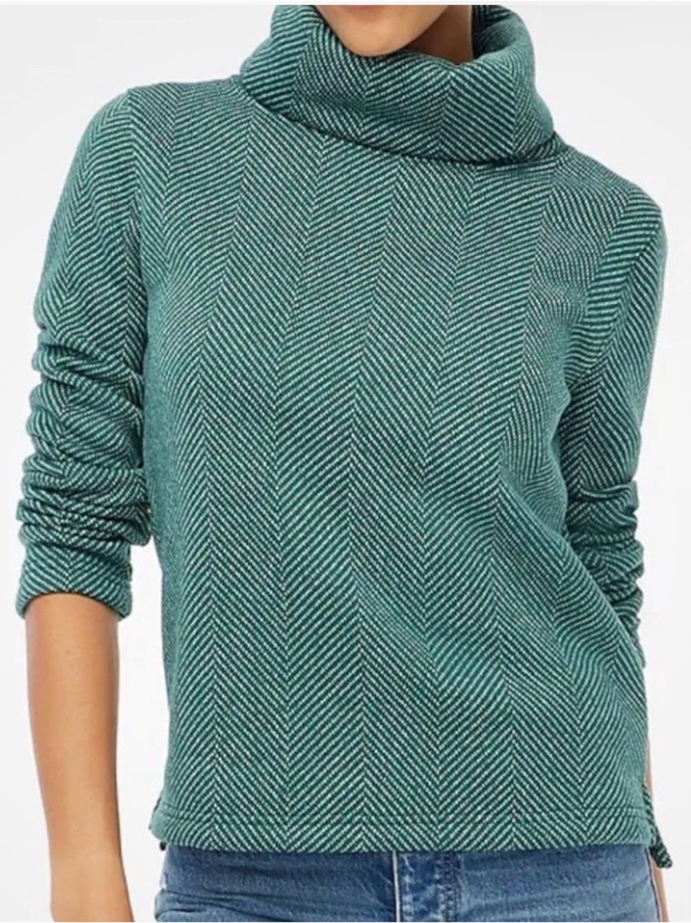 J. Crew Funnel neck cowl Women’s Teal Herringbone fleece Cowl Neck Sweater Med